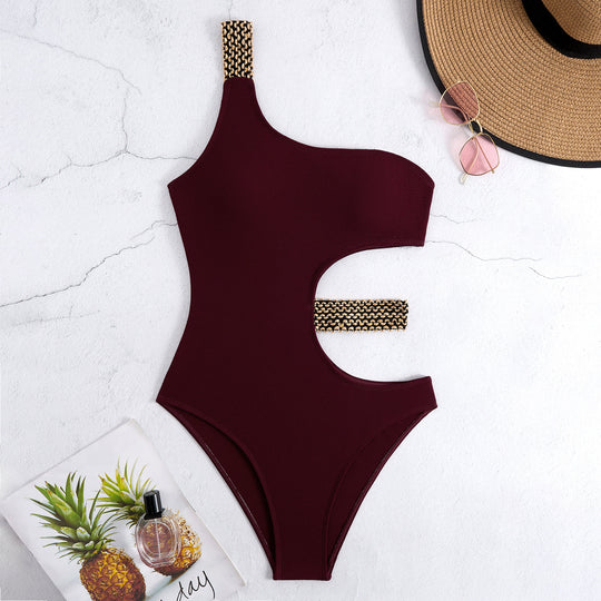 Damen Einteiliger Badeanzug mit asymmetrischem Cut-Out und modischen Kettenakzenten R&B
