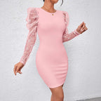 Damen Figurbetontes Minikleid mit transparenten Puffärmeln und floralem Design R&B