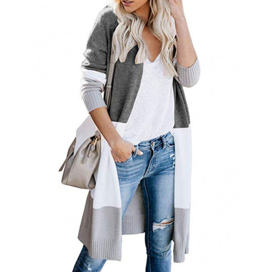Damen lässiger Strickcardigan mit modernen Farbblockdetails und langen Ärmeln R&B