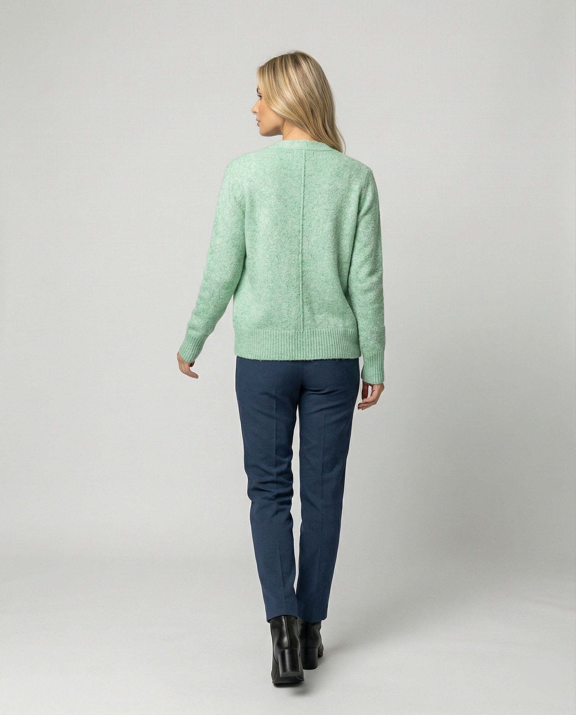Damen hüftlanger Melange-Feinstrickcardigan mit Perlmuttknopfleiste und gerippten Bündchen R&B
