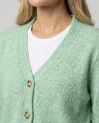 Damen hüftlanger Melange-Feinstrickcardigan mit Perlmuttknopfleiste und gerippten Bündchen R&B