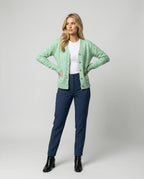 Damen hüftlanger Melange-Feinstrickcardigan mit Perlmuttknopfleiste und gerippten Bündchen R&B