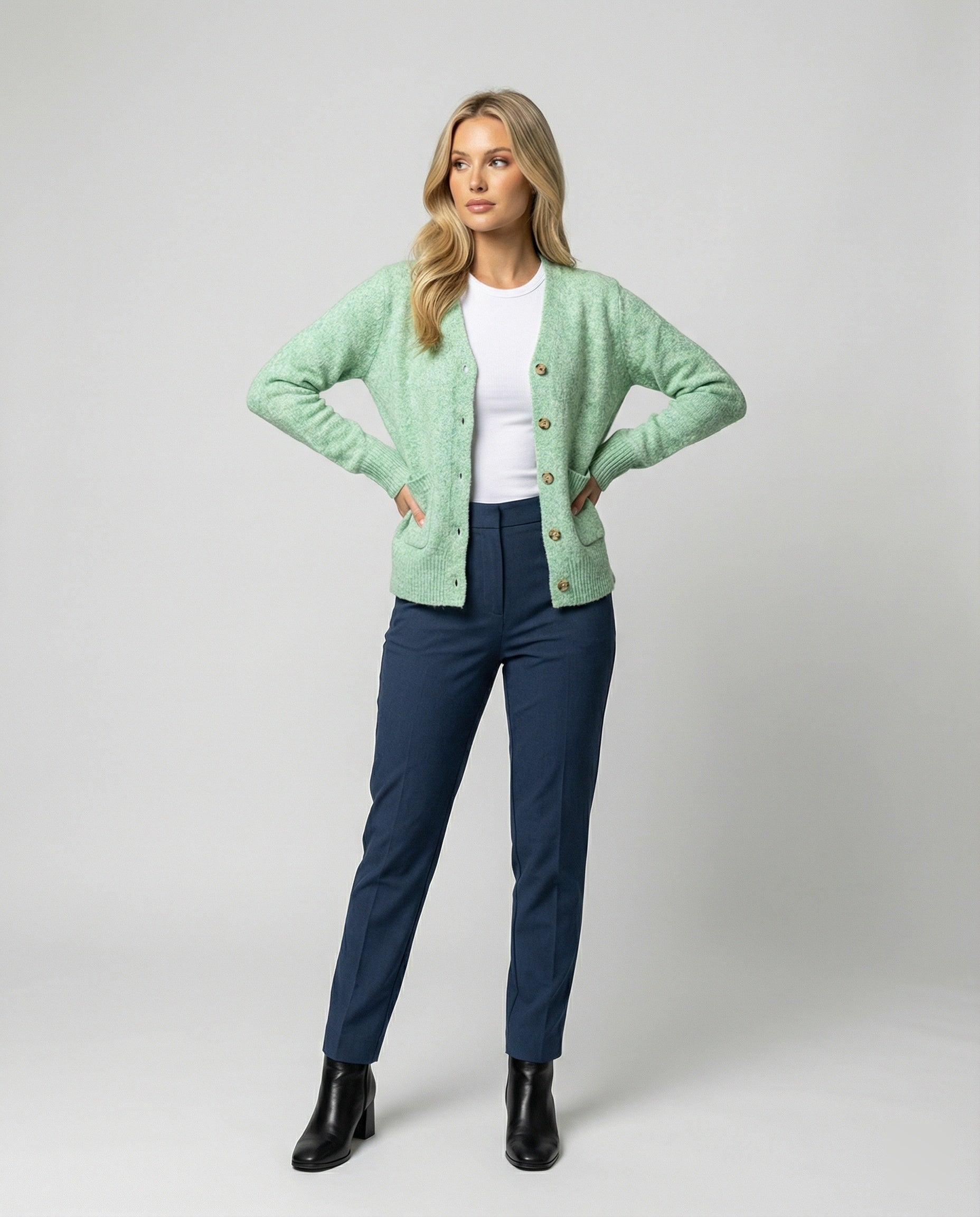 Damen hüftlanger Melange-Feinstrickcardigan mit Perlmuttknopfleiste und gerippten Bündchen R&B