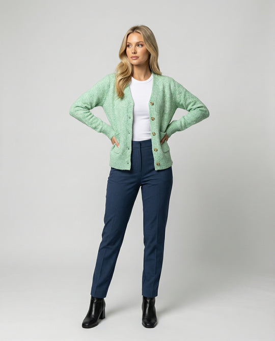 Damen hüftlanger Melange-Feinstrickcardigan mit Perlmuttknopfleiste und gerippten Bündchen R&B
