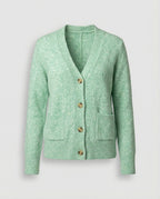 Damen hüftlanger Melange-Feinstrickcardigan mit Perlmuttknopfleiste und gerippten Bündchen R&B