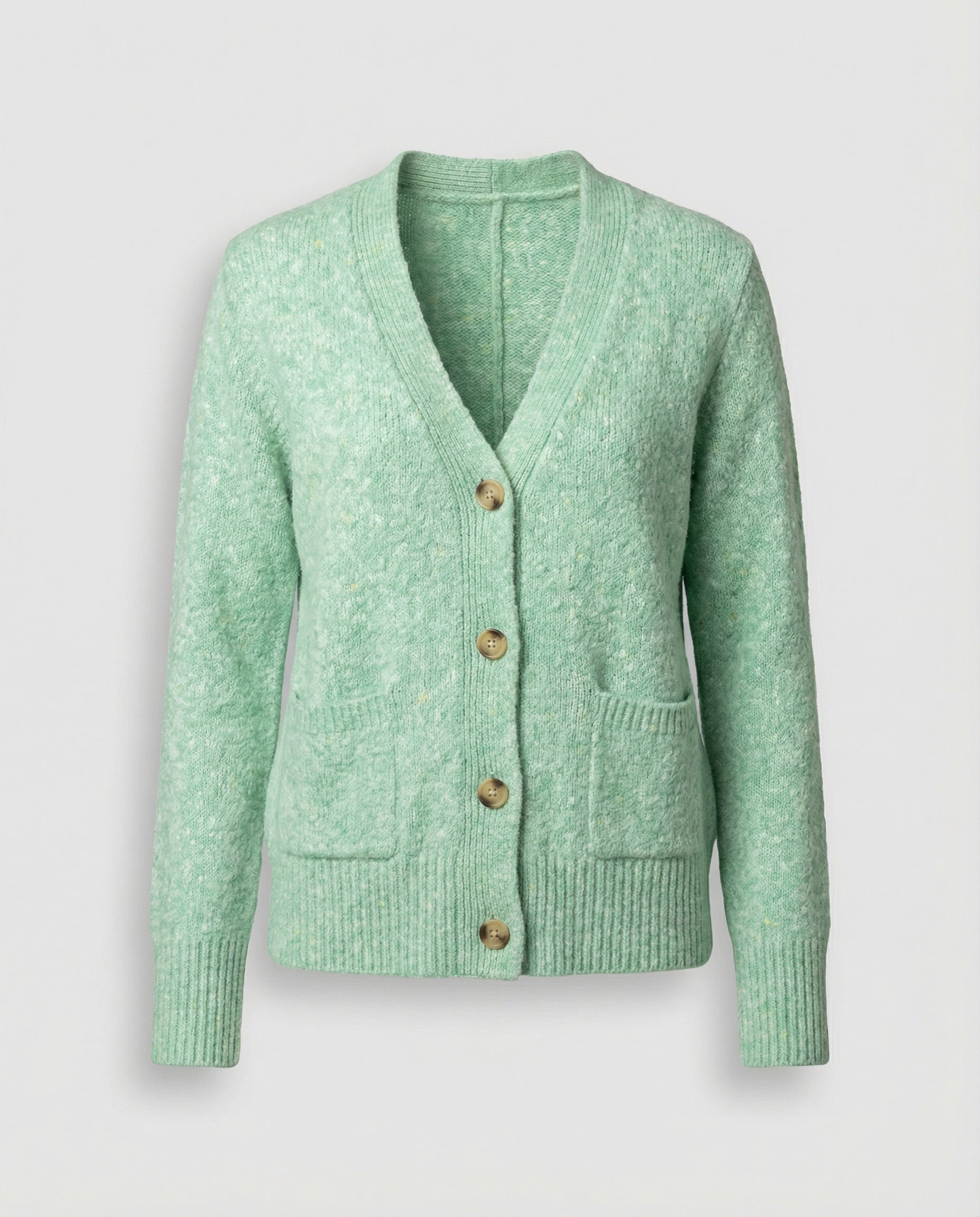 Damen hüftlanger Melange-Feinstrickcardigan mit Perlmuttknopfleiste und gerippten Bündchen R&B