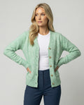 Damen hüftlanger Melange-Feinstrickcardigan mit Perlmuttknopfleiste und gerippten Bündchen R&B