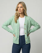 Damen hüftlanger Melange-Feinstrickcardigan mit Perlmuttknopfleiste und gerippten Bündchen R&B