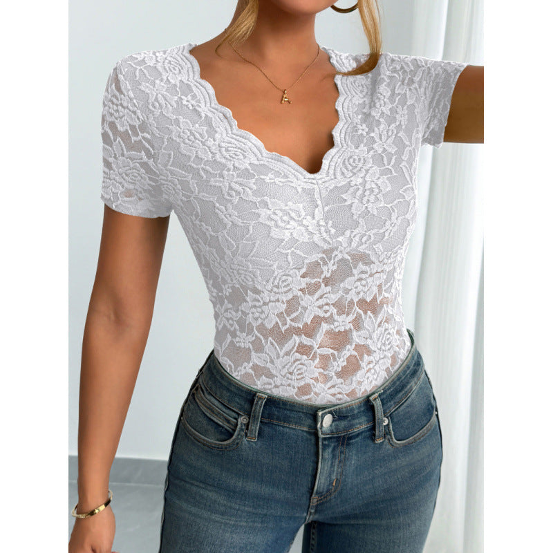 Damen Spitzen-Bodysuit mit dekorativem V-Ausschnitt R&B