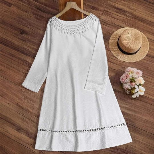 Damen lässiges Sommerkleid mit elegantem Häkelkragen und durchgehendem Schnitt R&B