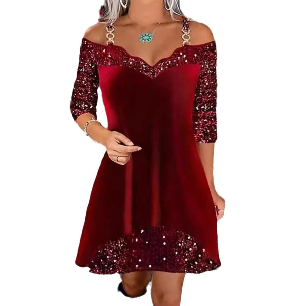 Damen nan schulterfreies Pailletten-Swingkleid mit zierlichen Ketten‑Trägern, halblangen Ärmeln und Volantbesatz R&B
