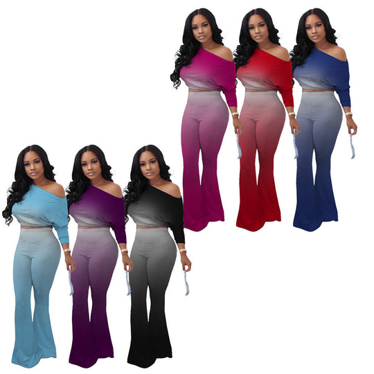 Damen Lässiges Ombre Set mit stilvollem Off-Shoulder Oberteil und figurbetonten Hosen R&B