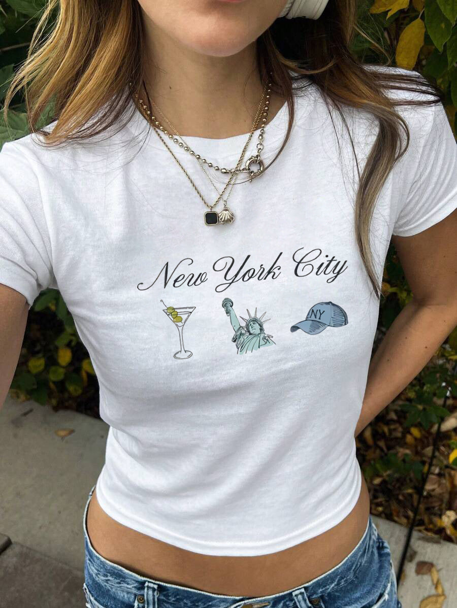 Damen figurbetontes Kurzarm-T-Shirt mit verspieltem Aufdruck R&B