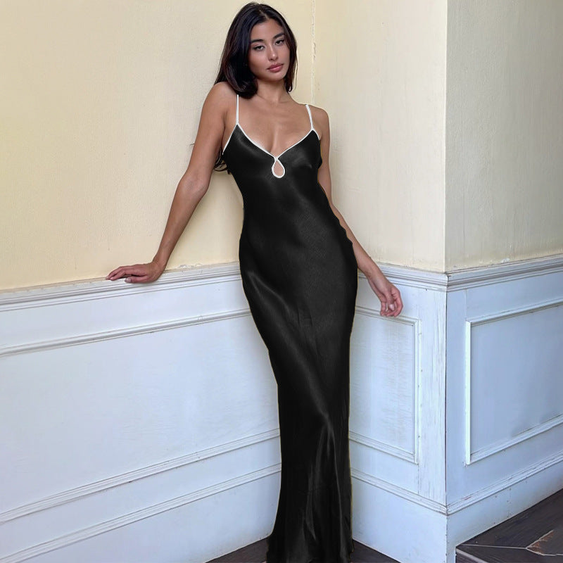 Damen Elegantes Satin-Maxikleid mit verstellbaren Spaghettiträgern und tiefem V-Ausschnitt R&B