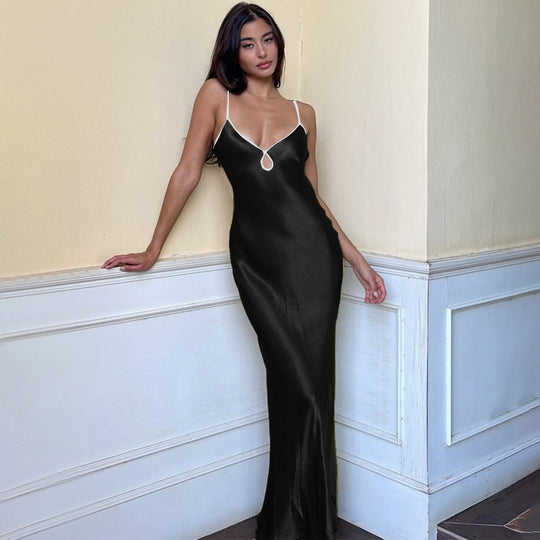 Damen Elegantes Satin-Maxikleid mit verstellbaren Spaghettiträgern und tiefem V-Ausschnitt R&B