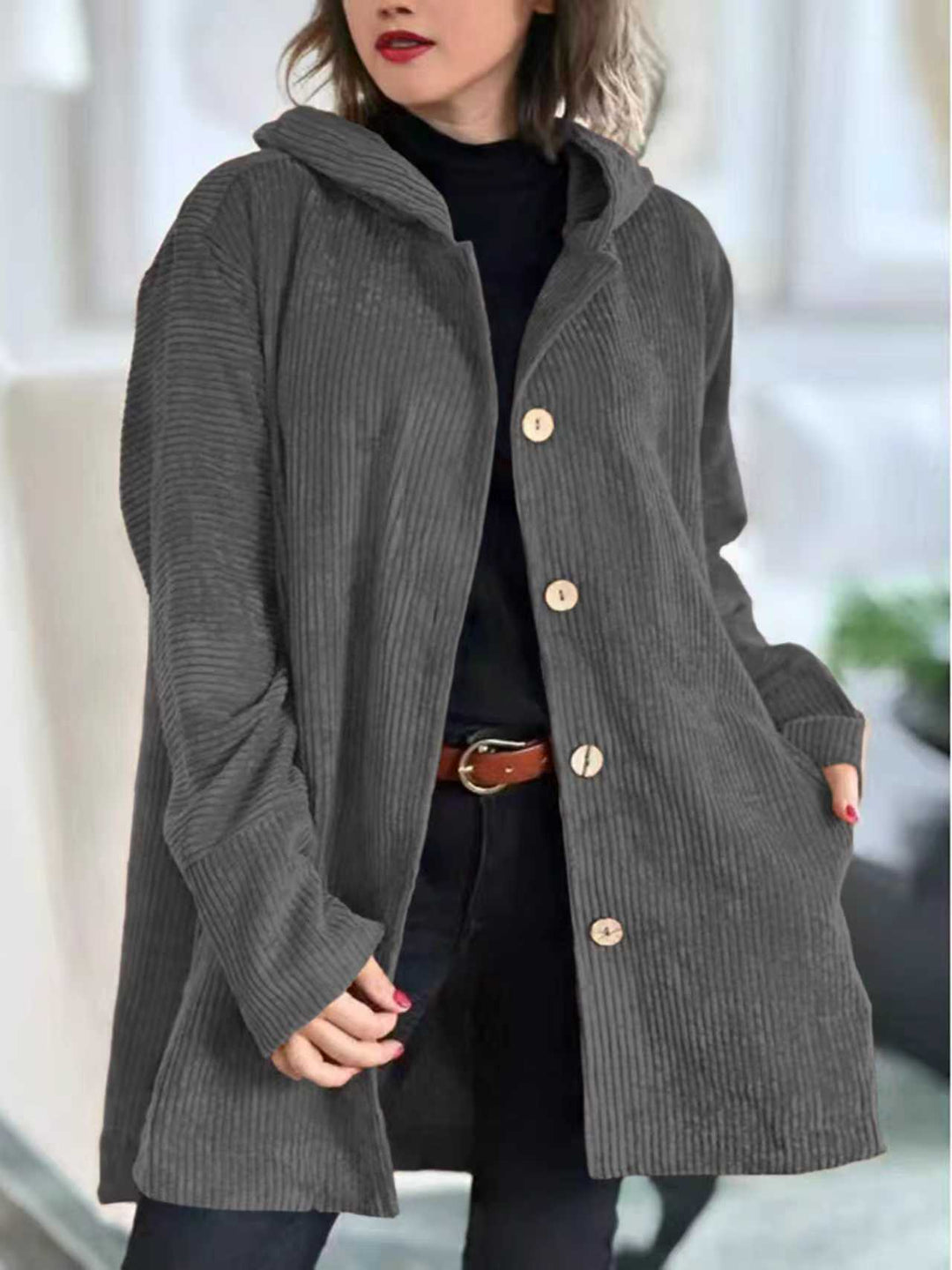 Damen Fleece-Hoodie-Mantel mit Knopfleiste und geripptem Design R&B