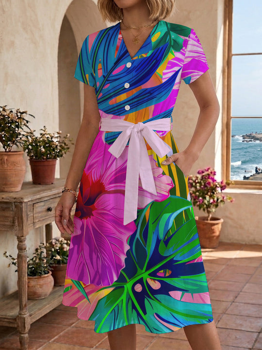 Damen Midikleid mit farbenfrohem Blumendesign und taillierbarem Bindegürtel R&B