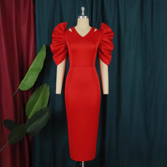 Damen Elegantes Midi-Kleid mit voluminösen Puffärmeln R&B