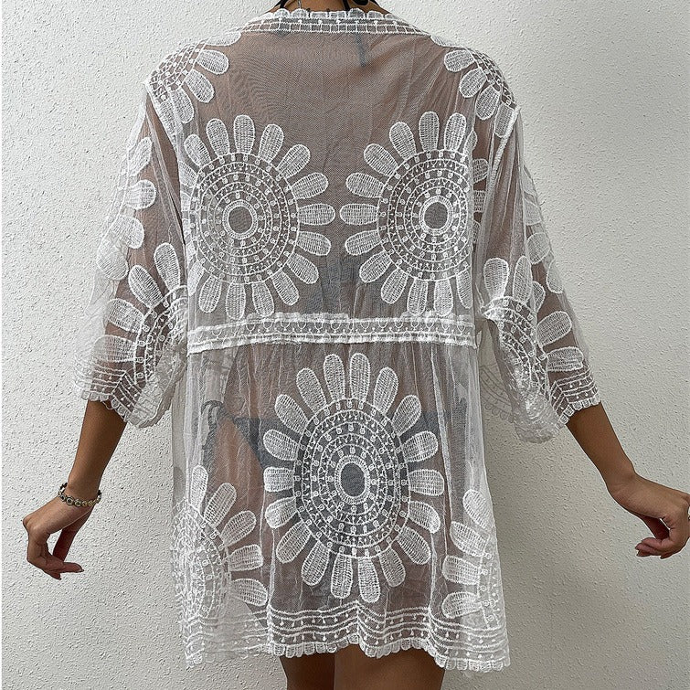 Damen Luftiger Häkel-Strandüberwurf mit floralen Motiven R&B