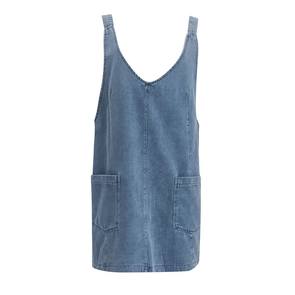 Damen lässiges Freizeitleinenkleid mit tiefem Ausschnitt und großen Taschen R&B