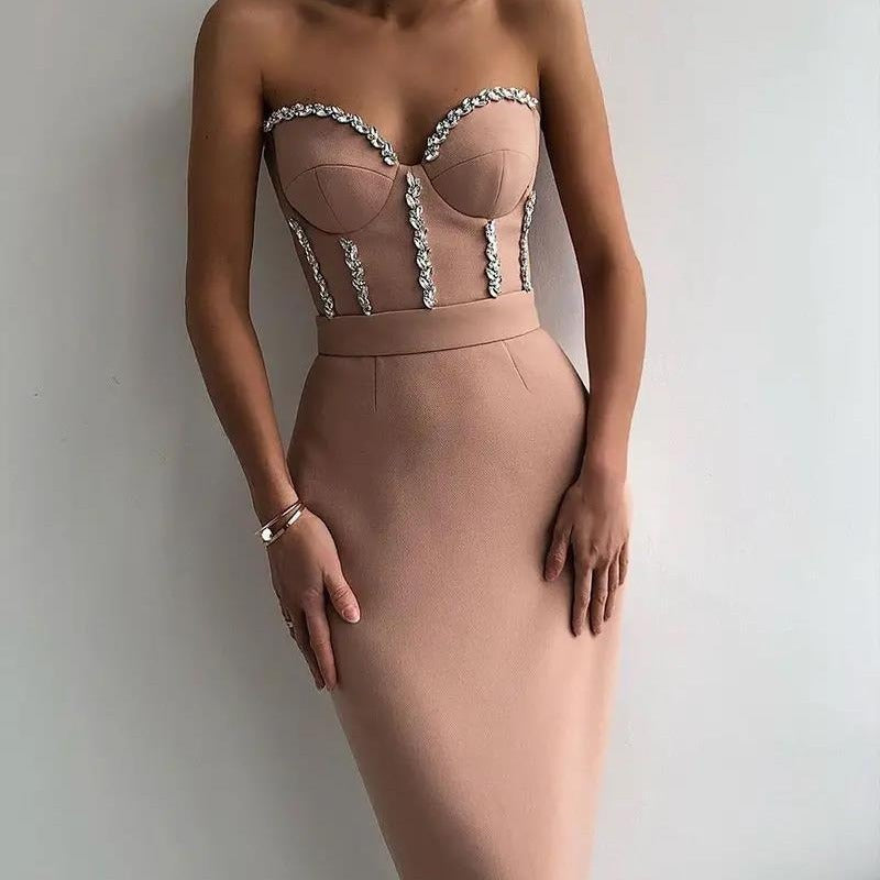 Damen figurbetontes Abendkleid mit eleganter Bustier-Optik und schimmernden Applikationen R&B