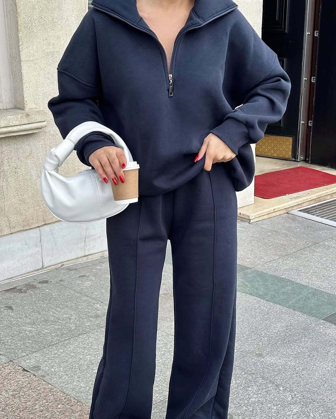 Damen sportliches Fleece-Loungewear-Set mit hohem Kragen und Reißverschluss R&B
