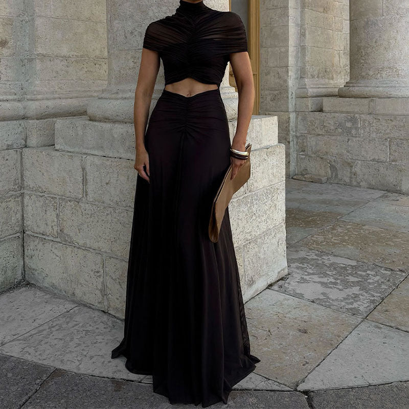 Damen Elegantes Maxikleid mit Raffungen und durchsichtigem Oberteil R&B