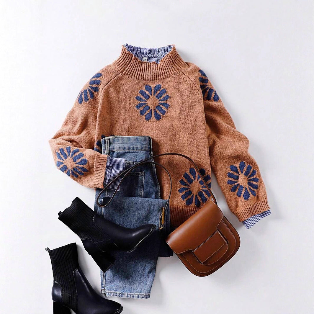 Damen Strickpullover mit floralem Motiv und modernem Rundhalsausschnitt R&B