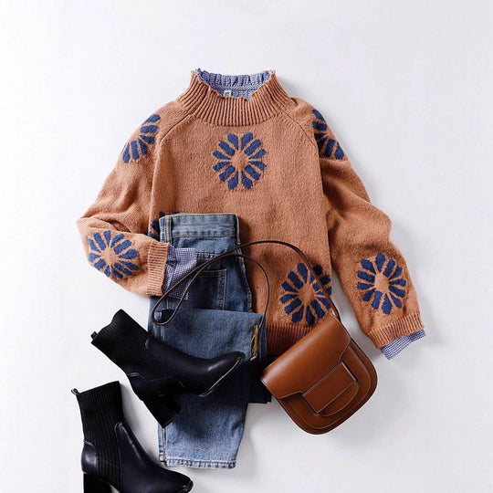 Damen Strickpullover mit floralem Motiv und modernem Rundhalsausschnitt R&B