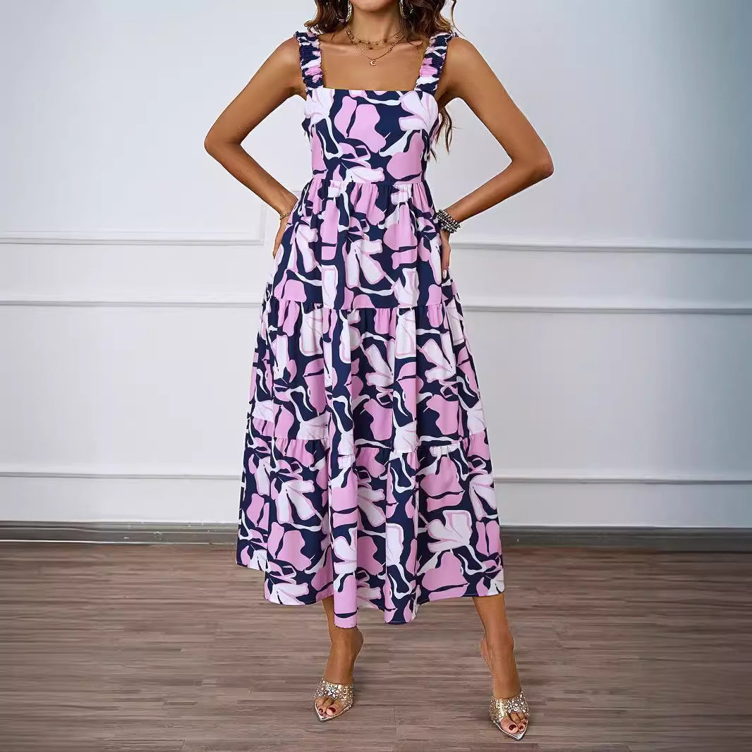 Damen Maxikleid mit verspieltem Rüschendesign und gemustertem Oberteil R&B
