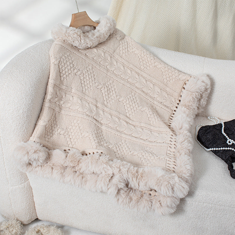 Damen kuscheliger Strickponcho mit samtigem Fellbesatz R&B
