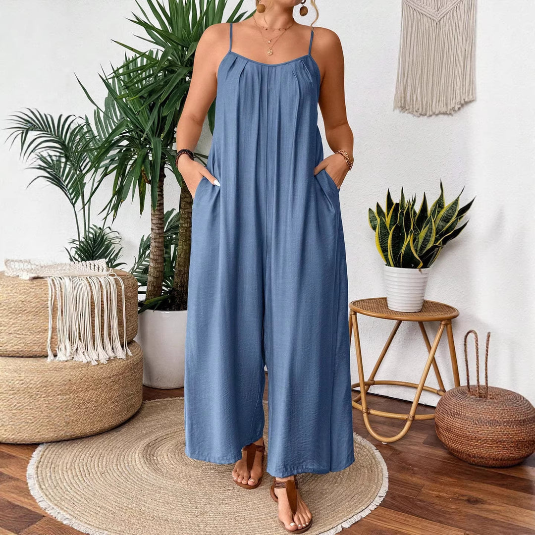Damen luftiger Jumpsuit mit schmalen Spaghettiträgern und seitlichen Taschen R&B