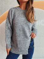Damen Grobstrickpullover mit Perlenausschnitt und asymmetrischem Saum R&B