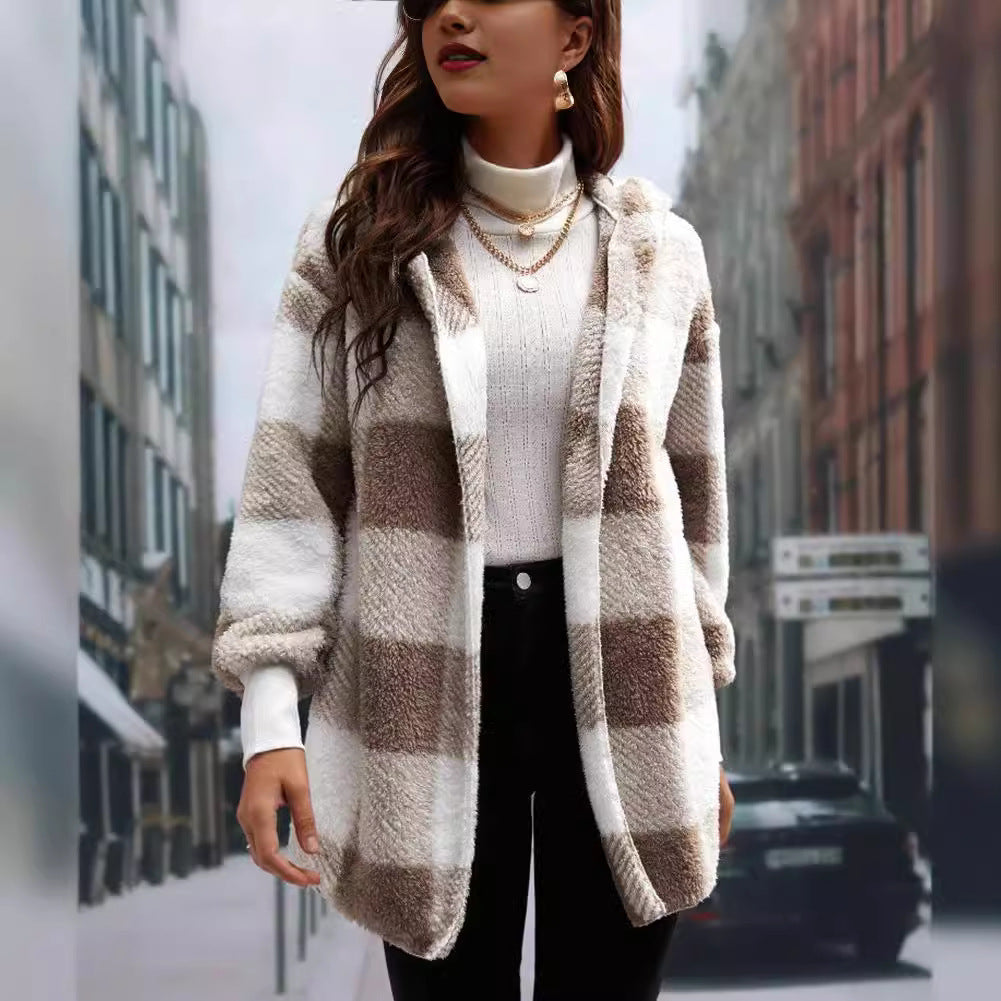 Damen Langer Karomantel aus weichem Material R&B