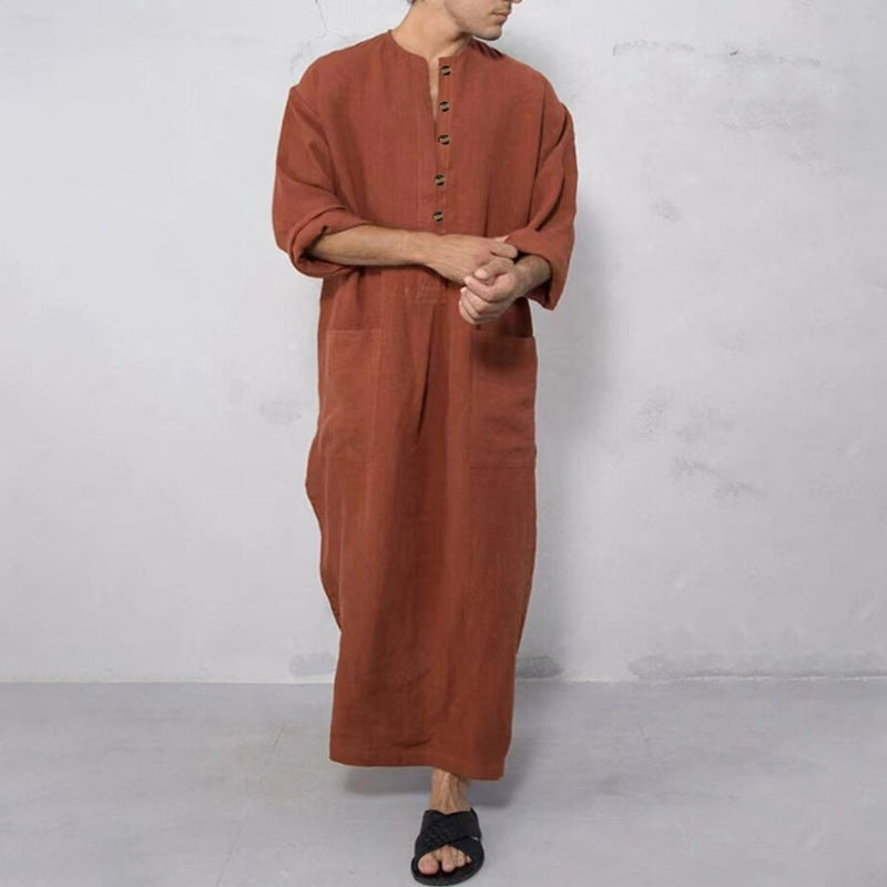 Herren nan weites langes Tunika-Kaftan aus atmungsaktivem Leinen mit Stehkragen Knopfblende und aufgesetzten Taschen R&B