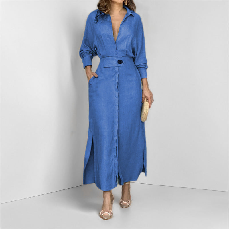 Damen elegantes Hemdblusenkleid mit Taillengürtel und seitlichen Schlitzen R&B