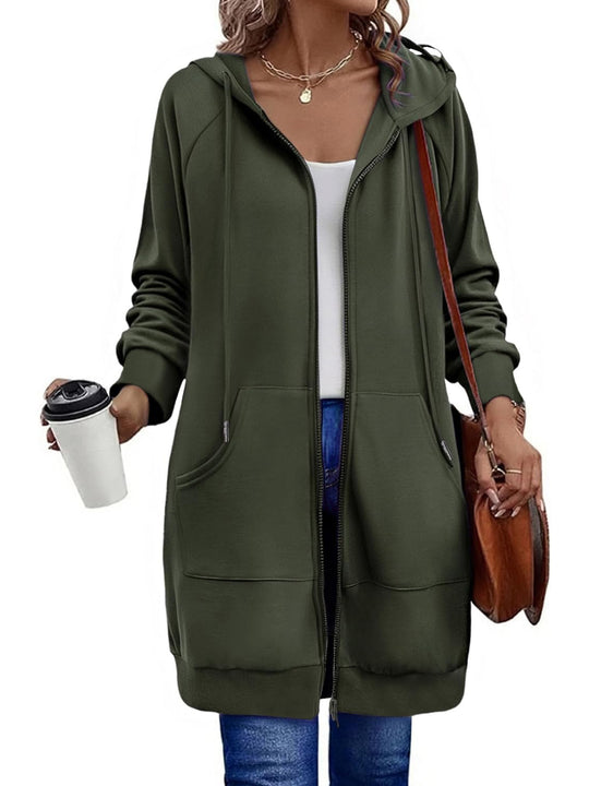 Damen Lange Kapuzenjacke mit Reißverschluss und praktischen Taschen R&B