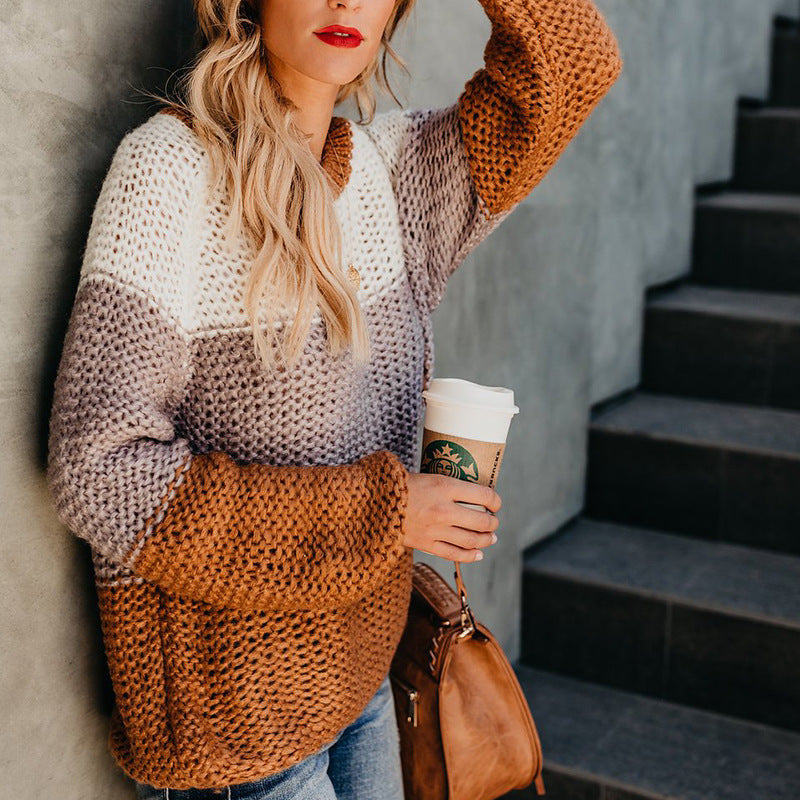 Damen lässiger Pullover mit weitem Schnitt und modischem Farbblockdesign R&B