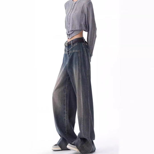 Damen Weite High-Waist Jeans mit lässigen Falten und modischem Design R&B