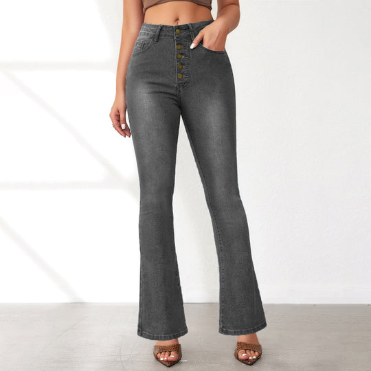 Damen Flared Jeans mit hohen Bund und modischen Knopfdetails R&B