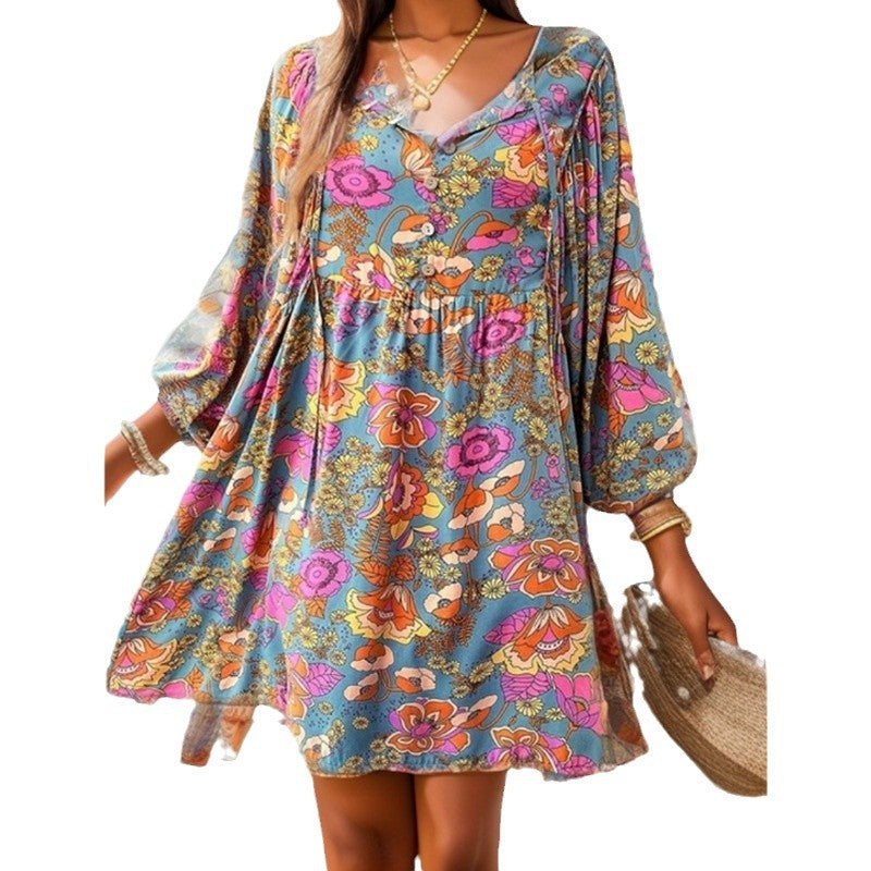 Damen lässiges Freizeitkleid mit lockerer Passform und buntem Blumendesign R&B