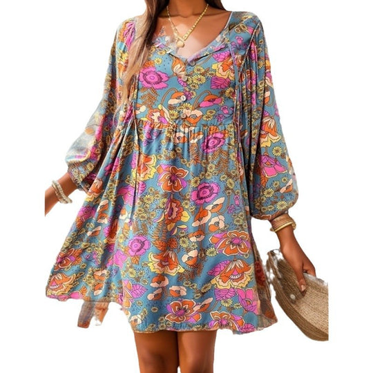 Damen lässiges Freizeitkleid mit lockerer Passform und buntem Blumendesign R&B