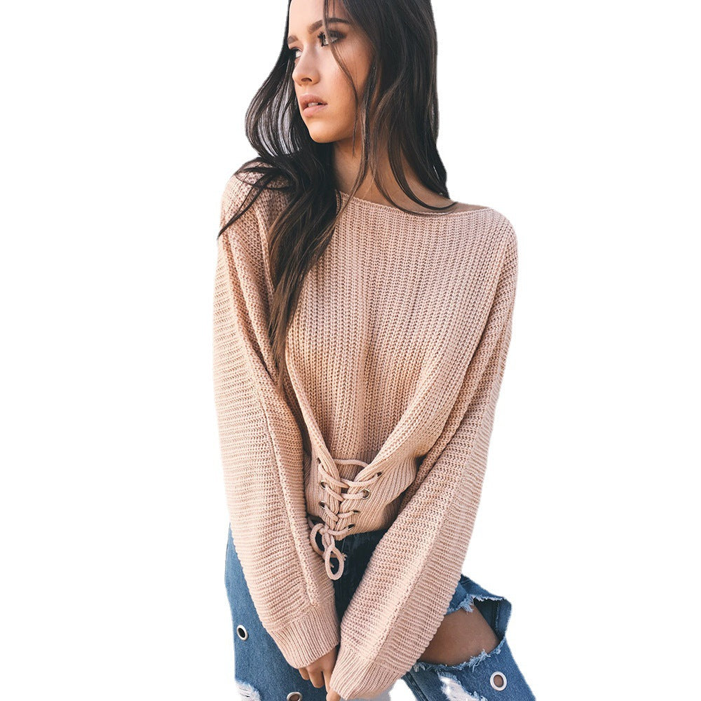 Damen lässiger Strickpullover mit extravaganten Schnürdetails R&B