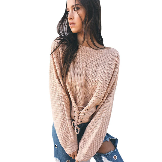 Damen lässiger Strickpullover mit extravaganten Schnürdetails R&B