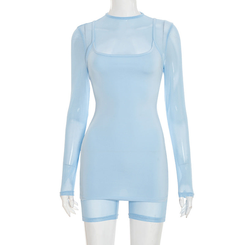 Damen Körperbetontes Longsleeve-Overall mit transparenten Ärmeln und figurformendem Schnitt R&B