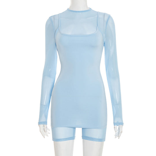 Damen Körperbetontes Longsleeve-Overall mit transparenten Ärmeln und figurformendem Schnitt R&B
