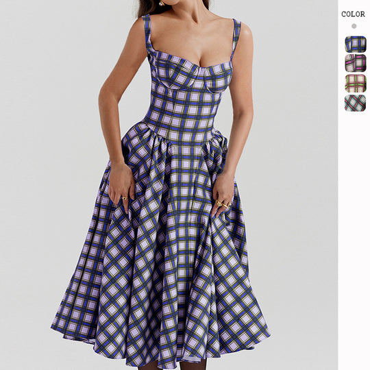 Damen Midikleid im Karomuster mit strukturiertem Oberteil und voluminösem Rock R&B
