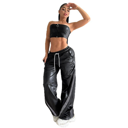 Damen Sportliche Wide-Leg Hose mit elastischem Bund und modischen Streifen R&B