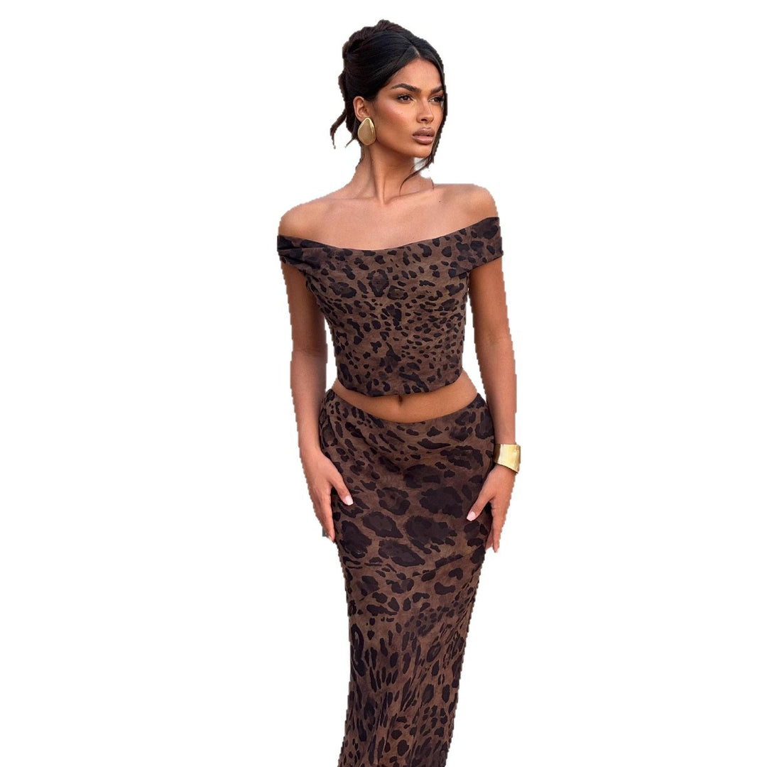 Damen Elegantes Set aus Crop-Top und Maxirock mit Leopardenmuster R&B