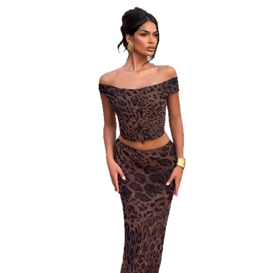 Damen Elegantes Set aus Crop-Top und Maxirock mit Leopardenmuster R&B